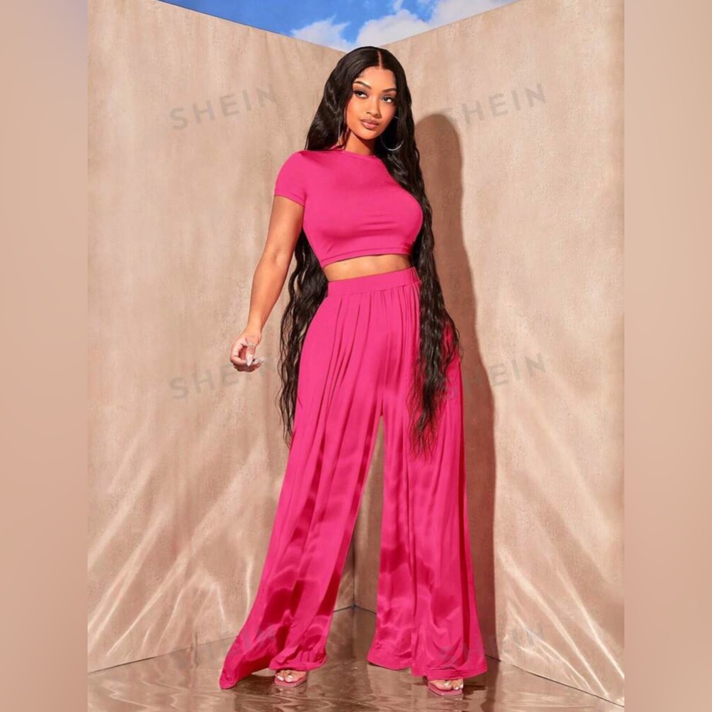 SHEIN SXY Solid Crop Top & Wide Leg Pants - Picture 4 of 4